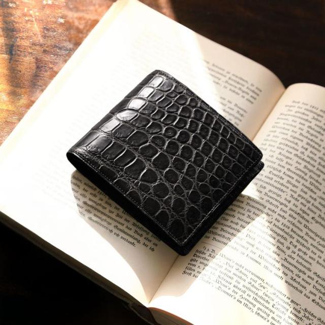折り財布 クロコダイル 日本製 二つ折り 財布 メンズ マット 加工 一枚革 無双 小銭入れ付き クロコダイル財布 メンズ財布(3359r)
