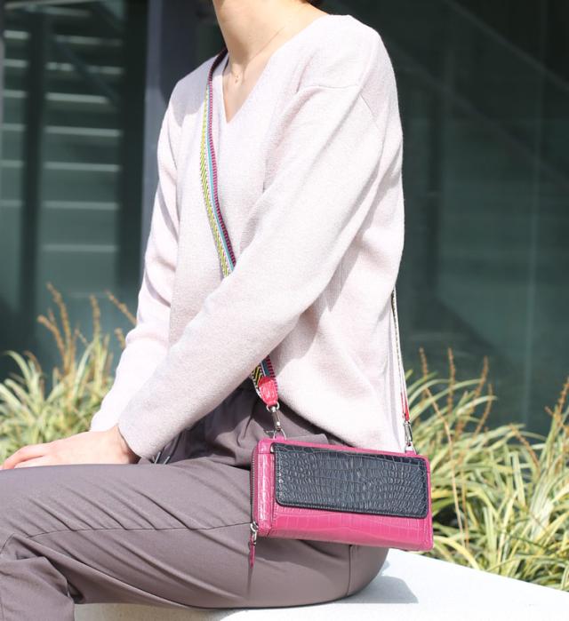 クロコダイル ウォレットバッグ お財布 ポシェット 2way レディース 内側 パイソン バイカラー ラムレザー(06001684r)_13