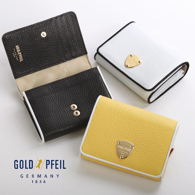 折り財布 レディース 本革 ブランド バイカラー 牛革 財布 軽量 折財布 二つ折り 小型財布 カード 14枚 GOLD PFEIL  コンパクト財布 レザー スナップボタン(09000335r)