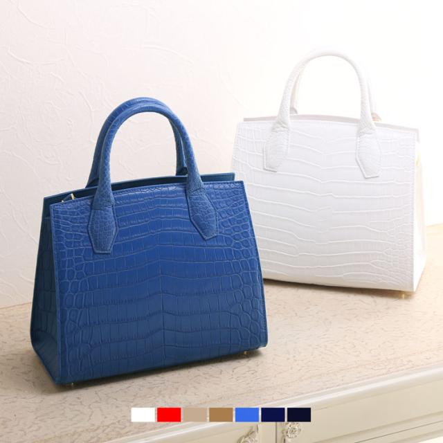 クロコダイル ハンドバッグ レディース 2WAY ショルダーベルト付き 軽量 センター取り あおりポケット 付き 内装 ラムレザー ゴールド金具 斜め掛け 本革 鰐革 保証書 付き 4FA プレゼント ギフト(06001699r)
