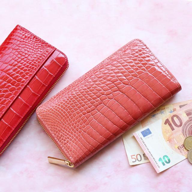 クロコダイル 長財布 レディース ラウンドファスナー シャイニング 加工 ゴールド ファスナー 本革 ギフト (06001723r)