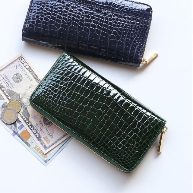 クロコダイル 長財布 メンズ ラウンドファスナー シャイニング 加工 ゴールド ファスナー 本革 (06001723-mens-1r)