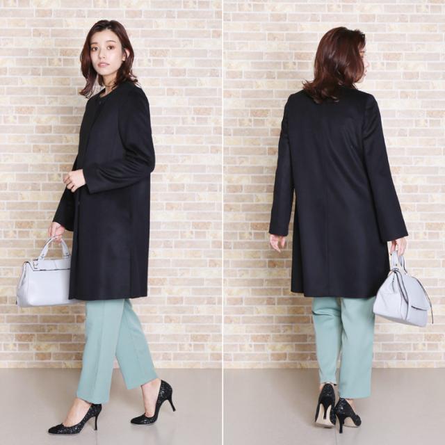 カシミヤ ブレンド ウール コート ノーカラー ロングコート レディース