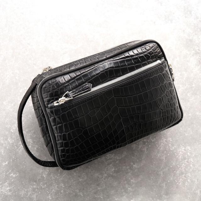 クロコダイル セカンドバッグ メンズ センター取り マット 加工 ダブルファスナー ビジネスバッグ ナイルクロコダイル 鰐革 4FA 保証書 付き(06001694r)