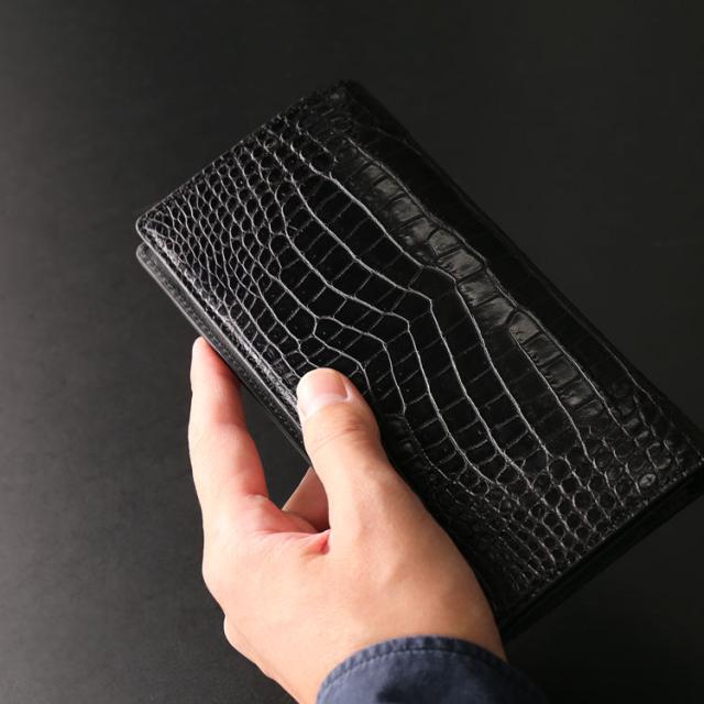 クロコダイル 長財布 センター取り 一枚革 マット 加工 ブラック 内装 本革 薄型 紙幣入れ 束入れ(06001720r)_9