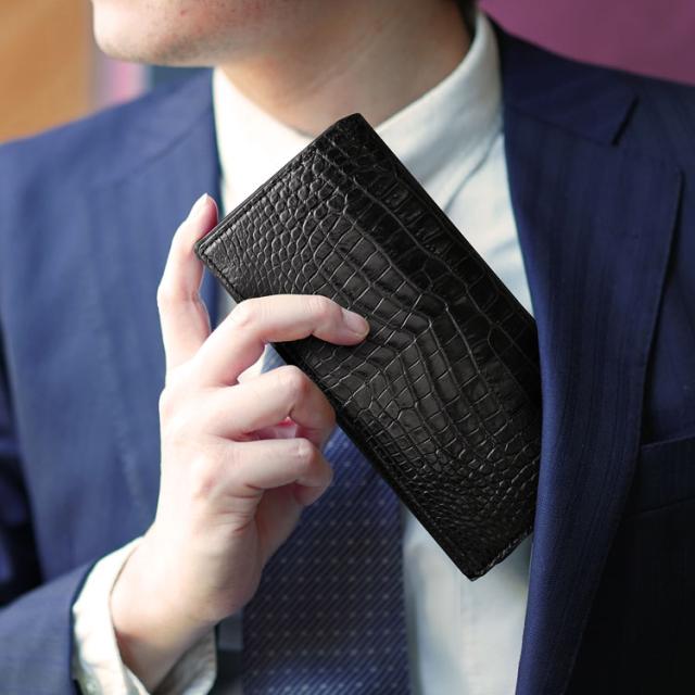 クロコダイル 長財布 センター取り 一枚革 マット 加工 ブラック 内装 本革 薄型 紙幣入れ 束入れ(06001720r)_5