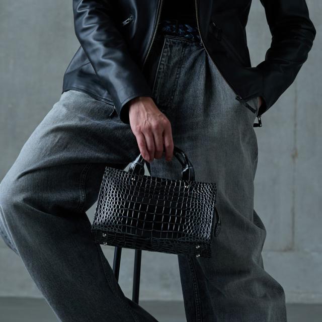 クロコダイル メンズ 2WAY ハンドバッグ 日本製 2WAY ミニトート バッグ 小さめ マット 加工 目地染め センター取り(06001760-mens-1r) クロコダイル メンズ 2WAY ハンドバッグ 日本製 2WAY ミニトート