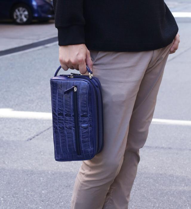 クロコダイル バッグ 本物 セカンドバッグ ネイビー ダブルファスナー