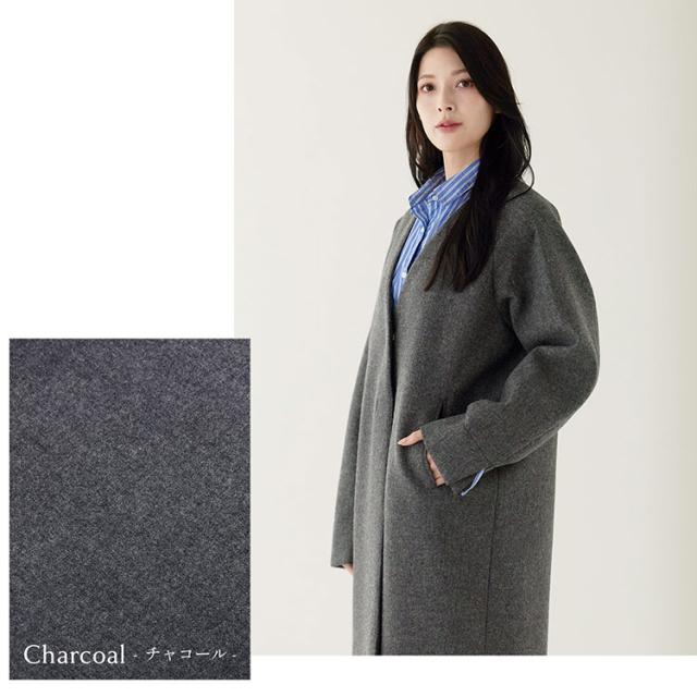 ノーカラーコート レディース ウールコート 尾州ウール 軽量 冬