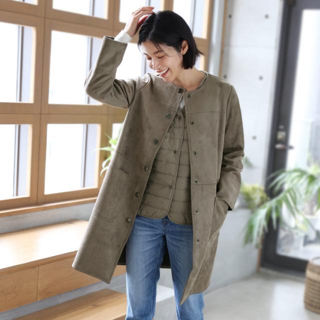 ノーカラーコート スエードポンチ ライナーベスト付き 3way レディース アウター スエード調 ポンチ コート ノーカラー ライナー付きコート 中綿ベスト 薄手 秋 フェイクスエード シンプル 羽織り 大人 無地 秋冬 ギフト プレゼント 5F (08000313r)