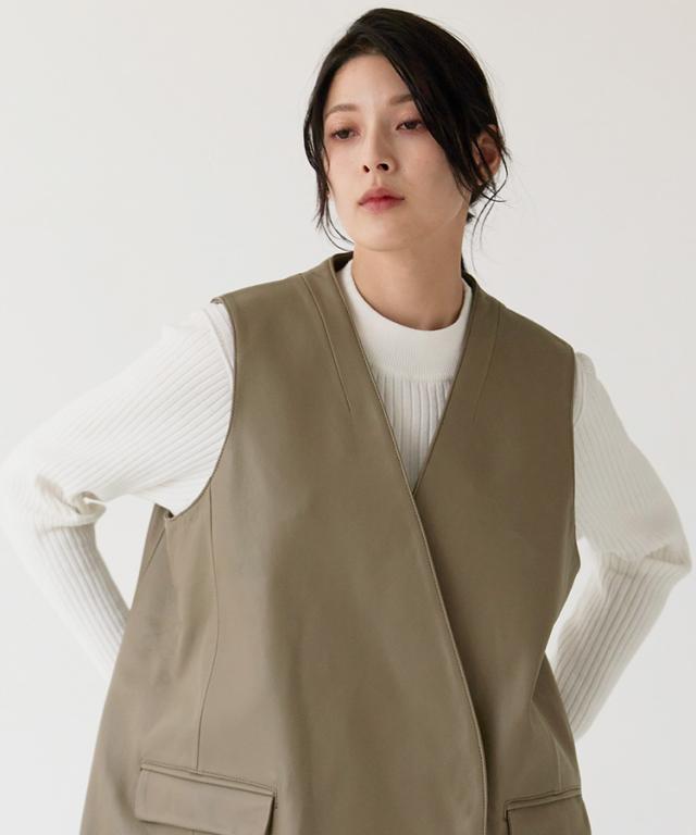 レザーベスト レディース シープスキン レザー ダブル仕立て ゆったり やわらか きれいめ 上質 本革 女性 アウター 秋 冬 春 シンプル 軽い 柔らかい 薄手 ライトアウター 防寒 体型カバー トープ ギフト プレゼント 6F (04000105r)_6
