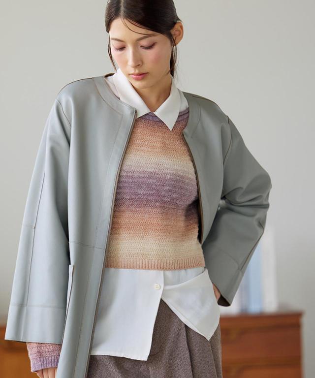 コート レディース ノーカラー リバーシブル 秋 冬 軽い ラム レザー 本革 レザーコート ロング 女性 アウター 大きいサイズ 春 軽量 シンプル 柔らかい きれいめ 通勤 ライトアウター 上質 ベージュ ギフト プレゼント 6F (04000108r)_11
