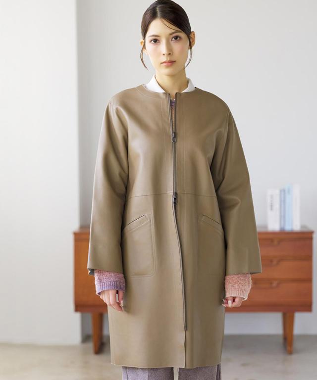 コート レディース ノーカラー リバーシブル 秋 冬 軽い ラム レザー 本革 レザーコート ロング 女性 アウター 大きいサイズ 春 軽量 シンプル 柔らかい きれいめ 通勤 ライトアウター 上質 ベージュ ギフト プレゼント 6F (04000108r)_10