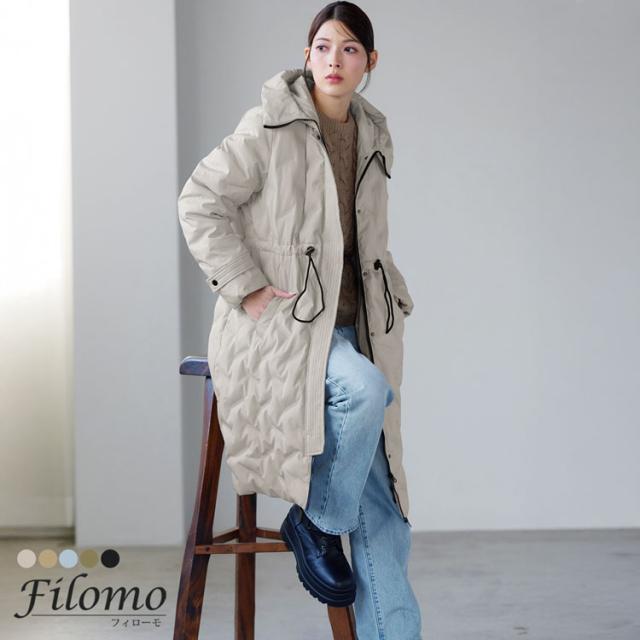 シームレス ダウンコート レディース フード付き テフロン 加工 ロング丈 Filomo ダウン 80% 撥水加工 ブラック 花粉対策(08000238r)