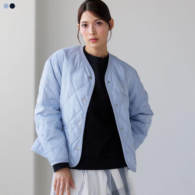 ダウン ジャケット キルティング 中綿 レディース 軽量 ノーカラー 丸襟 手洗い可 ライトダウン ダウンジャケット ダウン25% ノーカラー 軽い 暖かい 薄手 アウター 秋 冬 サックス ネイビー プレゼント ギフト 5F (08000348r)