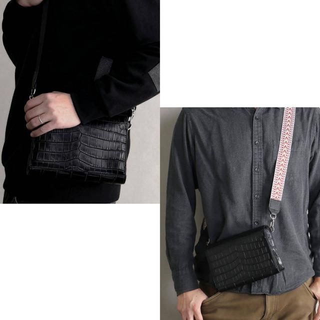 クロコダイル ショルダーバッグ メンズ ナイルクロコダイル マット加工 センター取り ショルダーベルト2種 マグネット開閉 散策用 サイズ感 ギフト プレゼント 男性 スクエア 四角 シンプル 高級感 クロコダイルバッグ 斜めがけ 肩掛け 4FA (06001969-mens-1r)_2