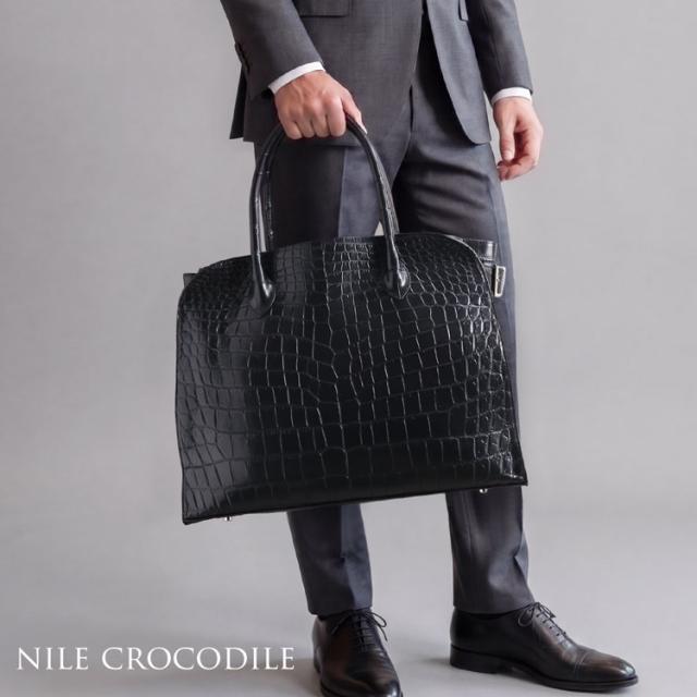 クロコダイル メンズ トートバッグ センター取り A4 サイズ ブラック 天ファスナー 大きめ 軽量 (06001970-mens-1r)