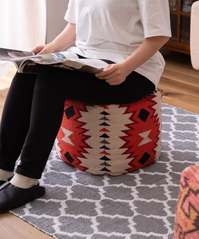 スツール おしゃれ 北欧 キリム 柄 ビーズクッション オットマン 足置き 30cm 正方形 四角 スクエア 椅子 クッション rgt90003 肘置き 玄関 軽量 軽い コットン 綿 オルテガ ネイティブ アメリカン ヴィンテージ インテリア