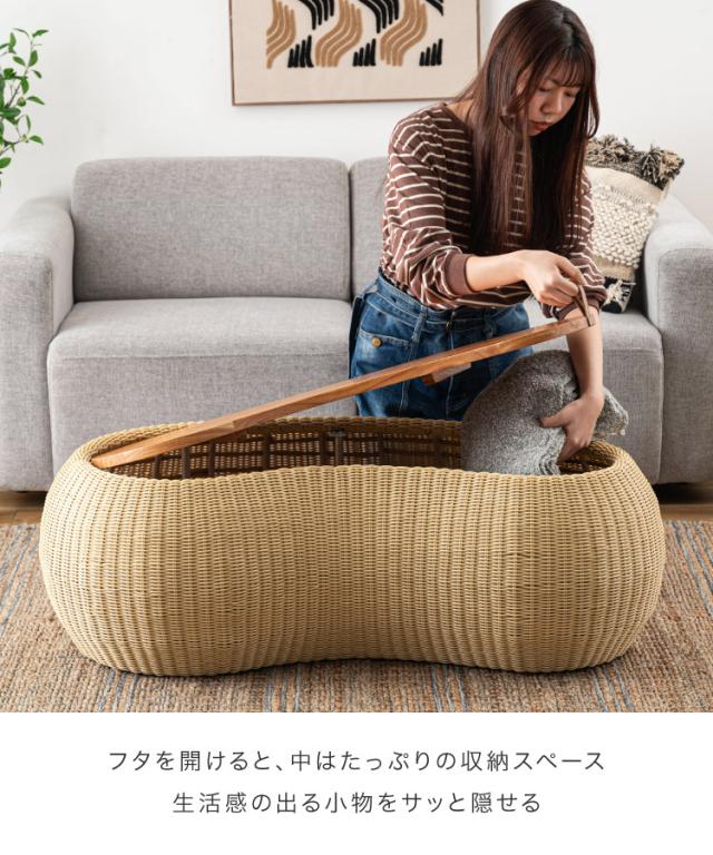 リビングテーブル 収納 センターテーブル 完成品 丸 楕円 豆型 ビーンズ おしゃれ ローテーブル 大きめ 114cm ラタン調 カゴ バスケット rgt90006 蓋付き 収納付き 天然木 マホガニー 木製 北欧 リゾート アジアン ナチュラル ブラウン 軽量 ベランダ テラス 室内_6