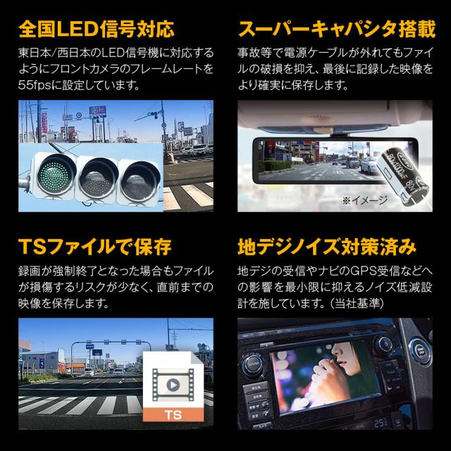 ドライブレコーダー ミラー型 10インチ 前後2カメラ カーナビ ミラー型ドライブレコーダー 10インチIPS液晶 デジタルインナー