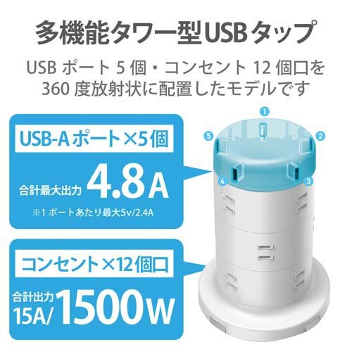 エレコム ワット数飲み口 12個口 2m 雷サルゼ 砂ぼこり押しとどめる USB界面付 白いことECT-0720WH(2仕かける)[ＯＡ商いもの]