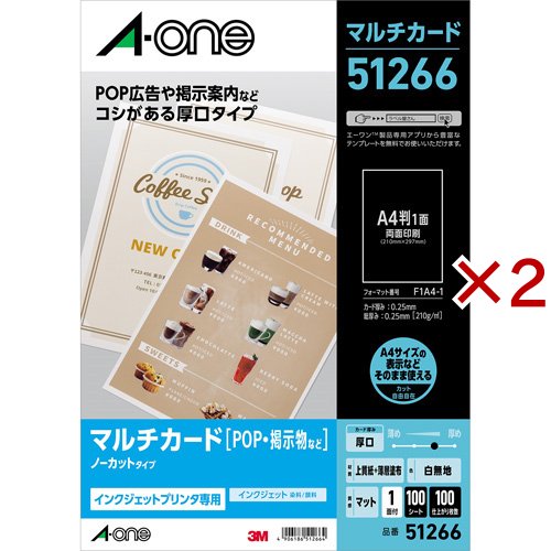 エーワン インクジェット 厚口 A4 ノーカット 1面 白 51266(100シート入×2セット)[コピー用紙]