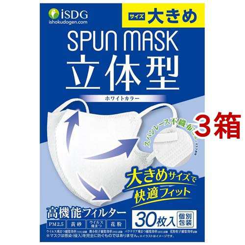 立体型スパンレース不織布カラーマスク ホワイト 大きめ(30枚入*3箱