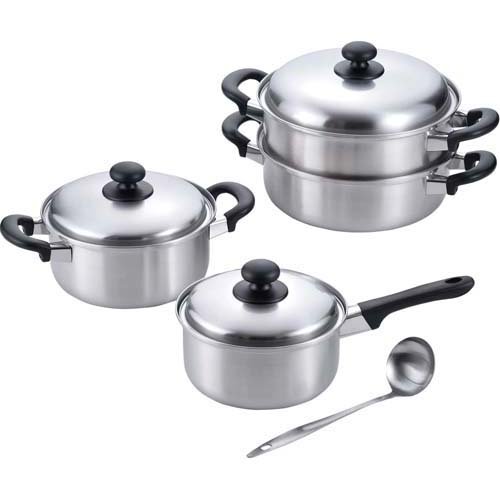 燕三 IH対応片手鍋18cm＆両手鍋20cm＆二段蒸し器24cm お玉付 EM-023(1セット)[鍋]