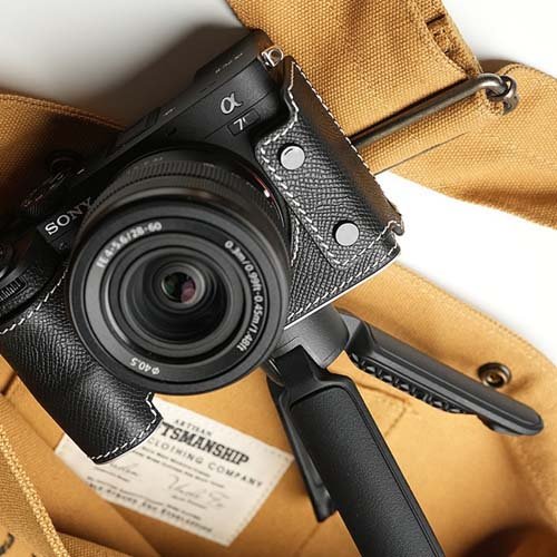 SONY α7CII／α7CR専用 本革ボディケース クラシック 黒・白ステッチ PTAZ013(1個)[映像関連　その他]_4