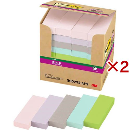 ポストイット 付箋 強粘着 再生紙 75mm x 25mm パステルカラー 5002SS-AP2(40パッド入×2セット)[事務用品]
