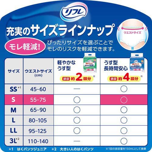 リフレ はくパンツ うす型 長時間安心 S【リブドゥ】(34枚入*4袋セット)[大人紙おむつ パンツ]_2