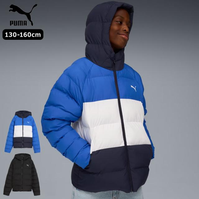【sale】フード 中綿ジャケット アウター キッズ 冬 ジュニア puma 男の子 女の子 130cm 140cm 150cm 160cm 防風 ブラック ブルー PUMA サッカー あったか 防寒 アウター 小学校 運動 通学 クラブ 部活 ロゴ こども 子供服 ジャケット 秋冬 送料無料