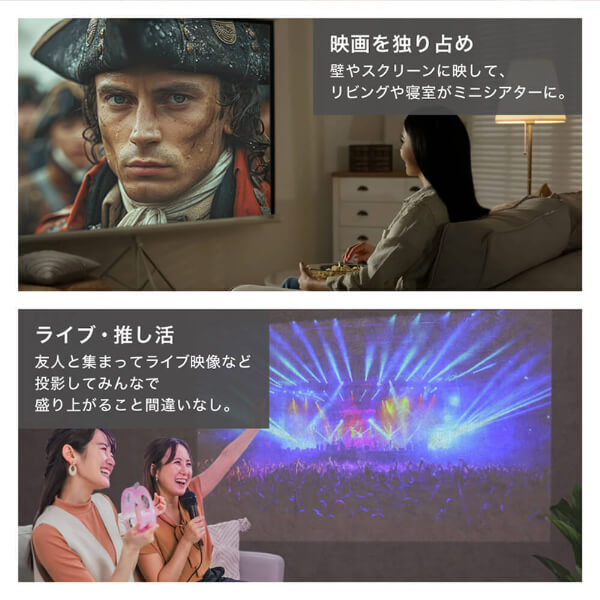 プロジェクター 家庭用 4K対応 ポータブル Wi-Fi2.4G/5G 8000ｍAh Youtube Netflix Hulu スマホ/PC/ゲーム機/DVD対応 Bluetooth5.2 Android11 自動台形補正 短距離投影 小型 コンパクト ミニ アウトドア キャンプ マクスゼン ブラック 黒 MP-D10HC