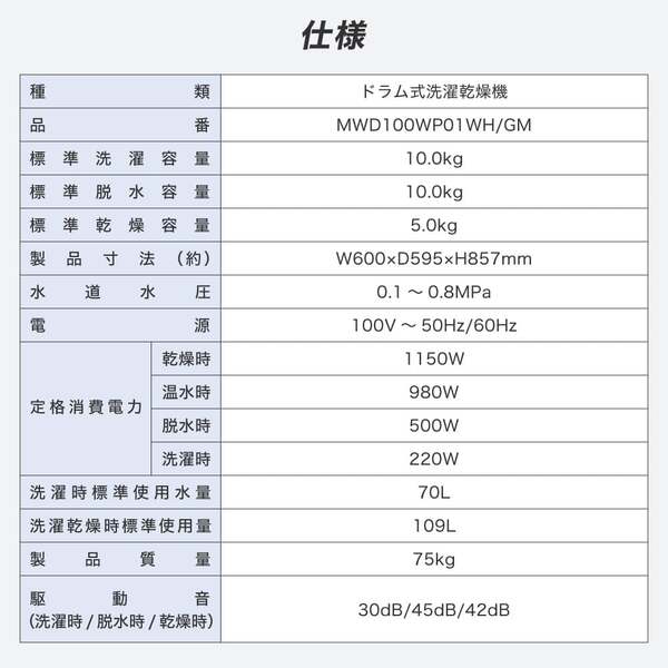 ドラム式洗濯乾燥機 洗濯10kg 乾燥5kg 左開き 幅60cm 静音 急速洗い チャイルドロック 予約タイマー 乾燥フィルターレス 部屋干し 温水洗浄 時短 ドラム式洗濯機 ガンメタリック 黒 MWD100WP01 マクスゼン
