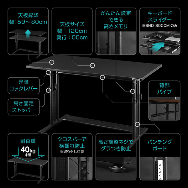 Bauhutte バウヒュッテ デスク BHD-1200M-WH 昇降式PCデスク「オフィス」 在宅 リモート メーカー直送 日時指定不可_2