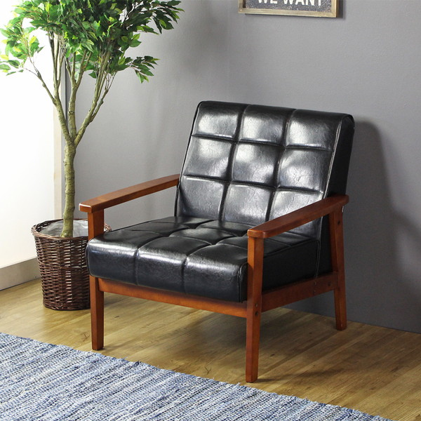 ソファー 1人掛け おしゃれ ソファ 一人用 合皮 黒 レザーソファ ヴィンテージ レザー ブラック コンパクト 岩附 IW-72-1Pの通販は