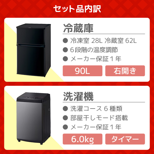 XPRICE限定! 新生活応援 家電2点セット 冷蔵庫(90L・右開き) 全自動洗濯機(6.0kg) アイリスオーヤマ