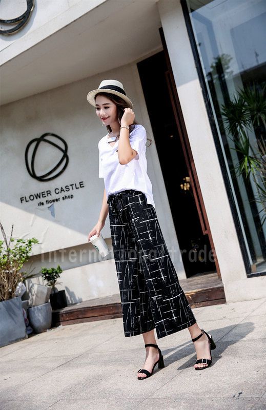 海外 レディース服 九分丈ガウチョパンツ ワイドパンツ 体型カバー 春 夏 女性 ブラック ストライプ チェック 柄 黒 9分丈 着痩せ 着やせの通販はau Pay マーケット Goochan