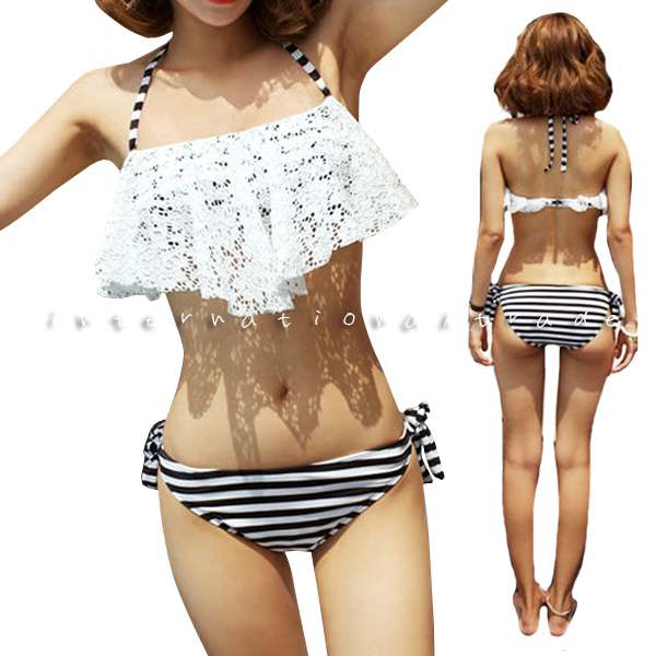 Fレディース水着 バンドゥ ビキニ フリル レース 夏 ホワイト レース 白 ボーダー 白黒 上下別柄 モノトーン オトナ 大人 ボーダービキニの通販はau Pay マーケット Goochan