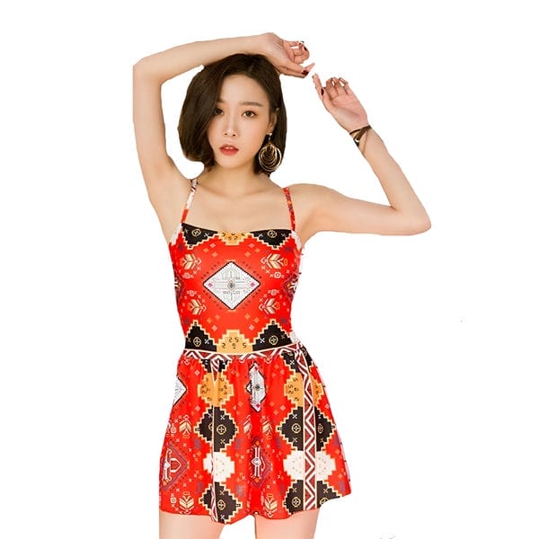 レディース 水着 ワンピース水着 幾何学模様 エスニック風 アンティーク風 レトロ レッド 赤 キャミワンピ バッククロス クロッシー 編みの通販はau Pay マーケット Goochan
