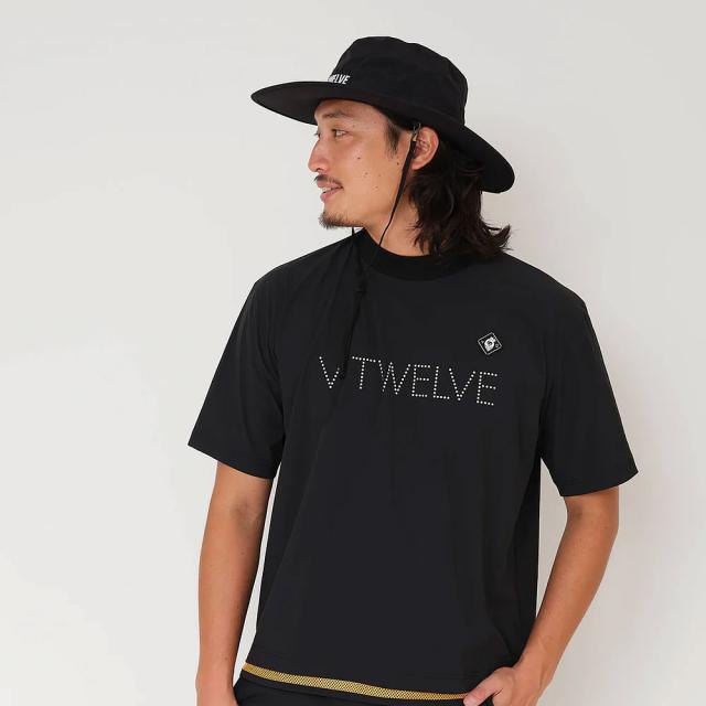 V12 ヴィトゥエルブ　モックネック　半袖シャツ　ロゴ　メンズ　ゴルフ　黒　L V12 メンズ シャツ Lサイズ ブラック ヴィ トゥエルブ/V12 GOLF ゴルフ