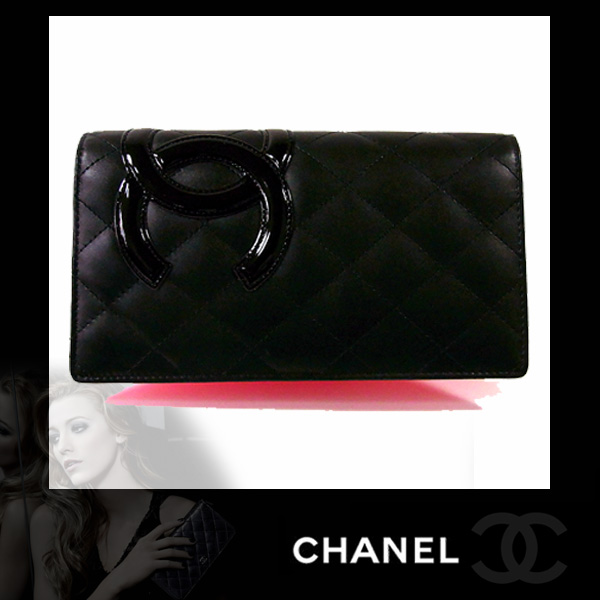 シャネル 財布 CHANEL 長財布  カンボンライン レディース ブラック エナメル A26717