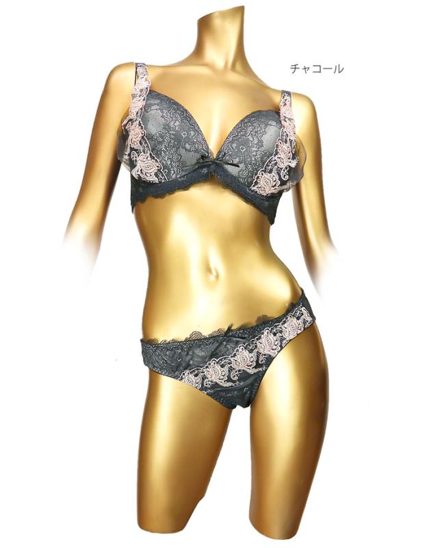 大きいサイズ】脇高フラワーレースブラジャー&ショーツセット