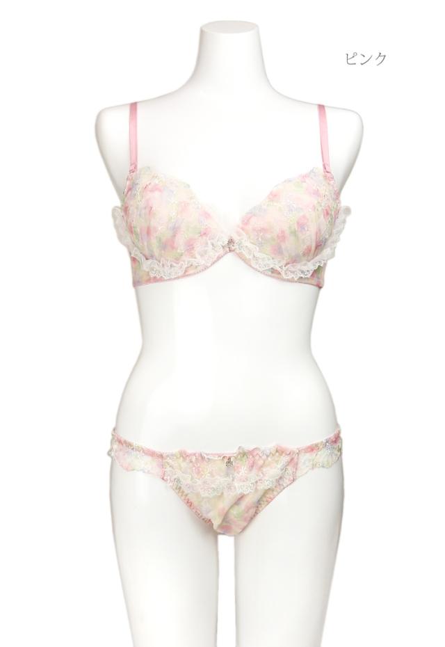 大きいサイズ】水彩花柄レース ブラジャー ショーツ セット 下着