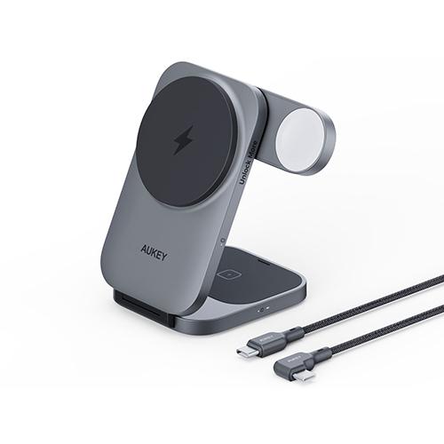 オーキー LC-MC312 グレー MagFusion Z 折りたたみ式 3-in-1ワイヤレス充電ステーション Qi2対応