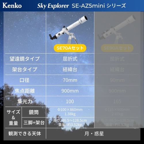 ケンコー(Kenko) スカイエクスプローラー Sky Explorer SE-AZ5mini+SE70Aセット 天体望遠鏡 屈折式 口径70mm 焦点距離900mm U3/8規格対応_2