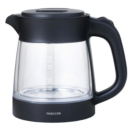 テスコム(TESCOM) TKG45A-K ブラック 電気ケトル ガラス 二重構造 転倒流水防止 安全設計 1.0L スピード沸騰 広口 洗いやすい