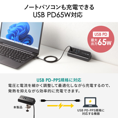 サンワサプライ ACA-PD106BK USB PD対応クランプ式AC充電器 PD65W・C×2＋A×2・ブラック_2