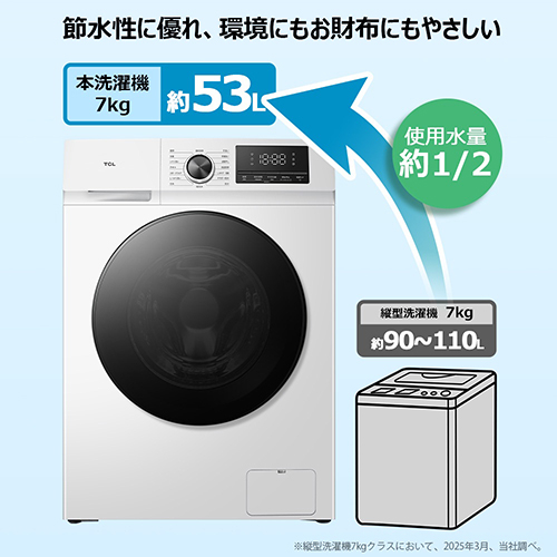 【標準設置料金込】【長期保証付】TCL(ティーシーエル) TW-DV7A ドラム式洗濯機 洗濯7kg 乾燥機能無 左開き 超薄ボディ 奥行51mm 縦865mm 幅601mm ワンルーム マンション向け 新生活_5