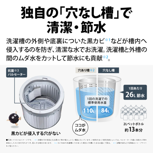【設置】シャープ(SHARP) ES-TX6K-W ホワイト系 タテ型洗濯乾燥機 穴なし槽